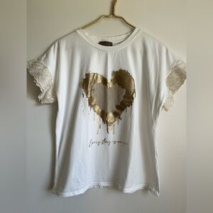 Made in Italy Cotton T-shirt with lace sleeves and round neck szM